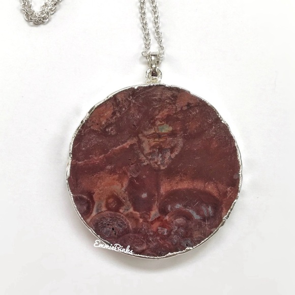 Jewelry - New 925 Sterling Silver Red Mexican Happy Lace Agate Slice Pendant Necklace
